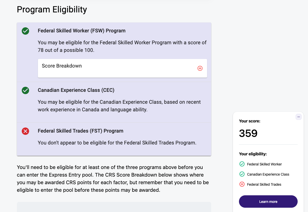 Screenshot of CRS calculation for Express Entry score for Doctors in Canada